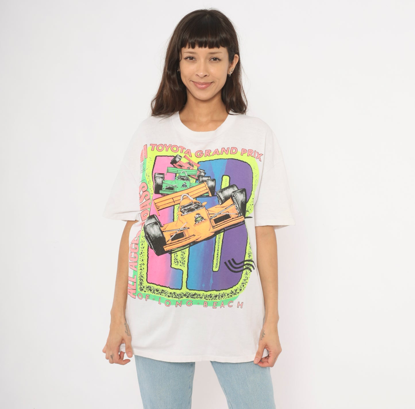 Neon Racing Tee 90s Toyota Grand Prix Long Beach Indy Car Cotton White Motorsport All Access Pass CART Formula Streetwear Extra Large XL