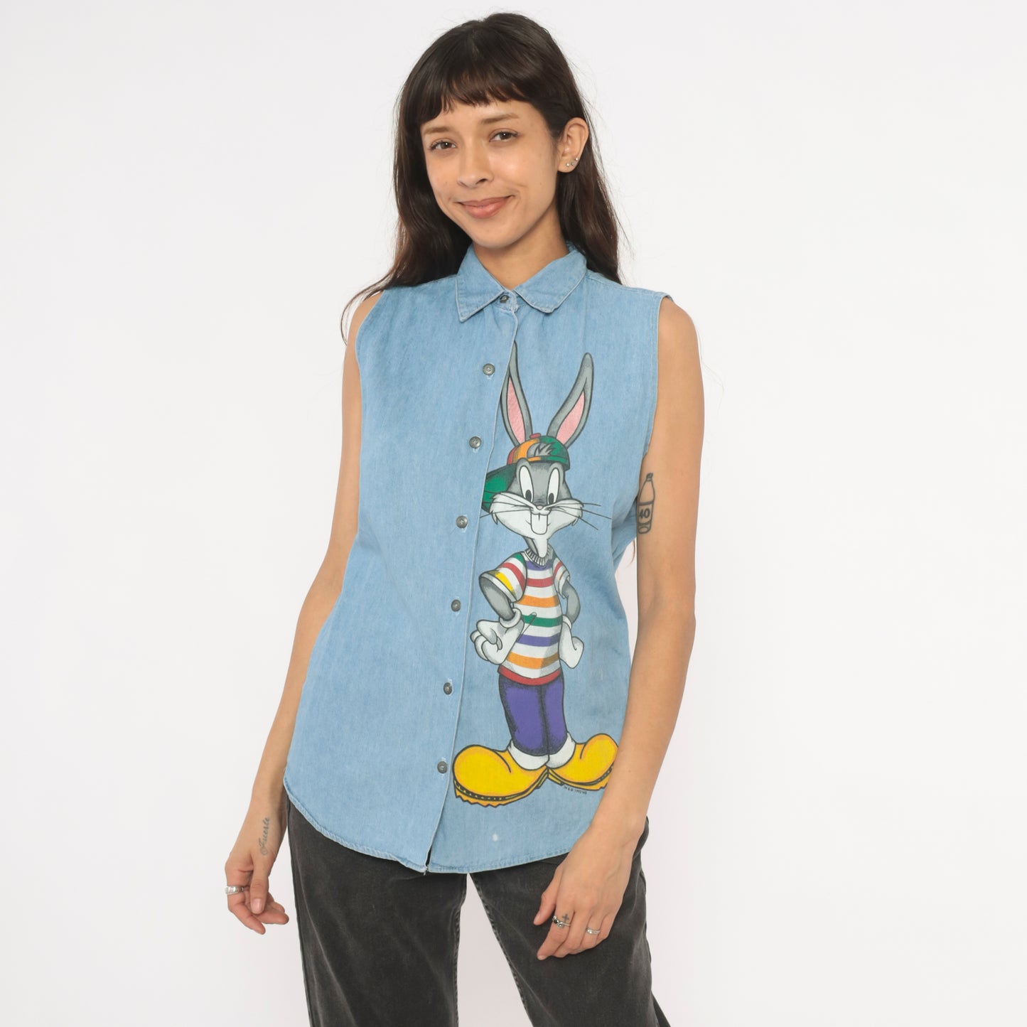 Bugs Bunny Denim Shirt 90s Looney Tunes Chambray Cartoon Top Collared Light Blue Jean Blouse Cotton Vintage Summer Spring Nostalgic Medium M