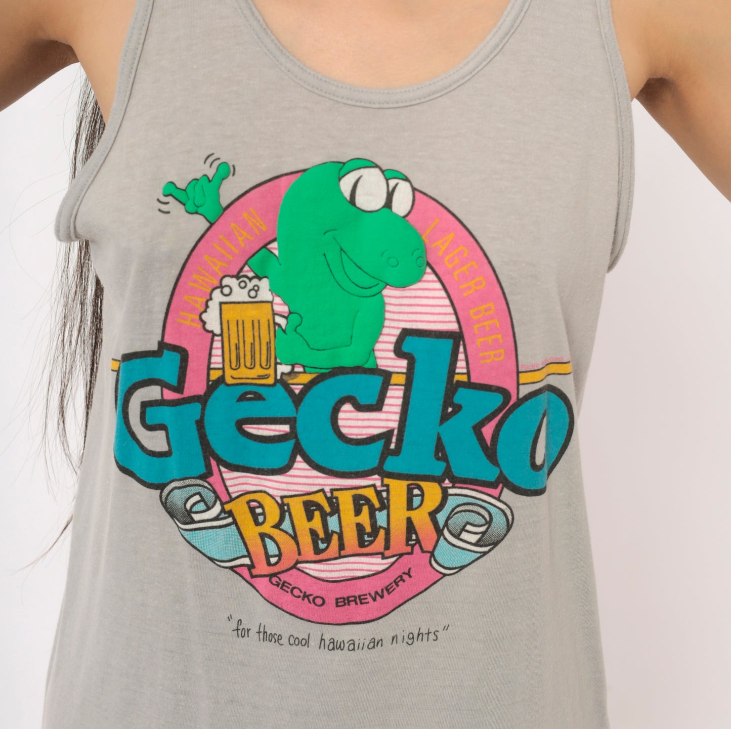 Gecko Beer Hawaiian Tank Top 80s Grey Graphic Shirt Brewery Lager Tee Surf Beach Cotton Unisex Vacation Summer Teal Pink Green Medium M