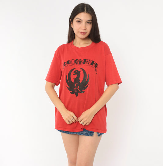 Ruger Firearms Tee 80s Graphic Eagle Logo Print Red Short Sleeve Boxy Fit Streetwear Brand Promo Shirt Crimson Black Vintage Extra Large XL
