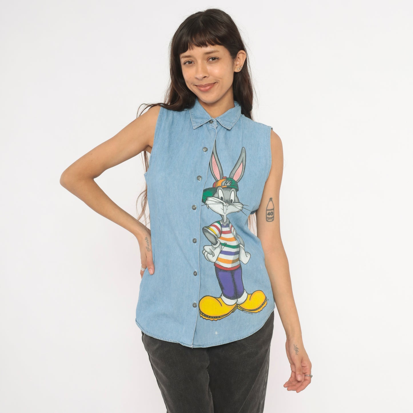 Bugs Bunny Denim Shirt 90s Looney Tunes Chambray Cartoon Top Collared Light Blue Jean Blouse Cotton Vintage Summer Spring Nostalgic Medium M