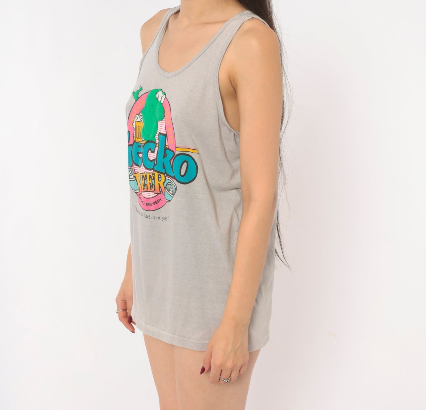 Gecko Beer Hawaiian Tank Top 80s Grey Graphic Shirt Brewery Lager Tee Surf Beach Cotton Unisex Vacation Summer Teal Pink Green Medium M