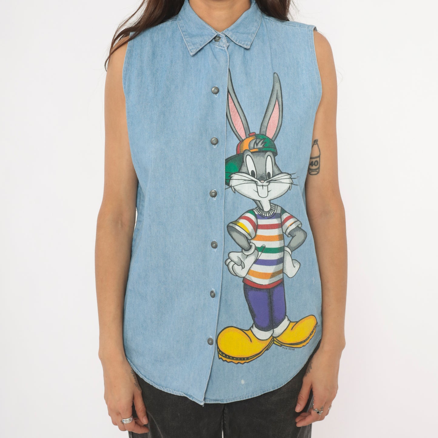 Bugs Bunny Denim Shirt 90s Looney Tunes Chambray Cartoon Top Collared Light Blue Jean Blouse Cotton Vintage Summer Spring Nostalgic Medium M