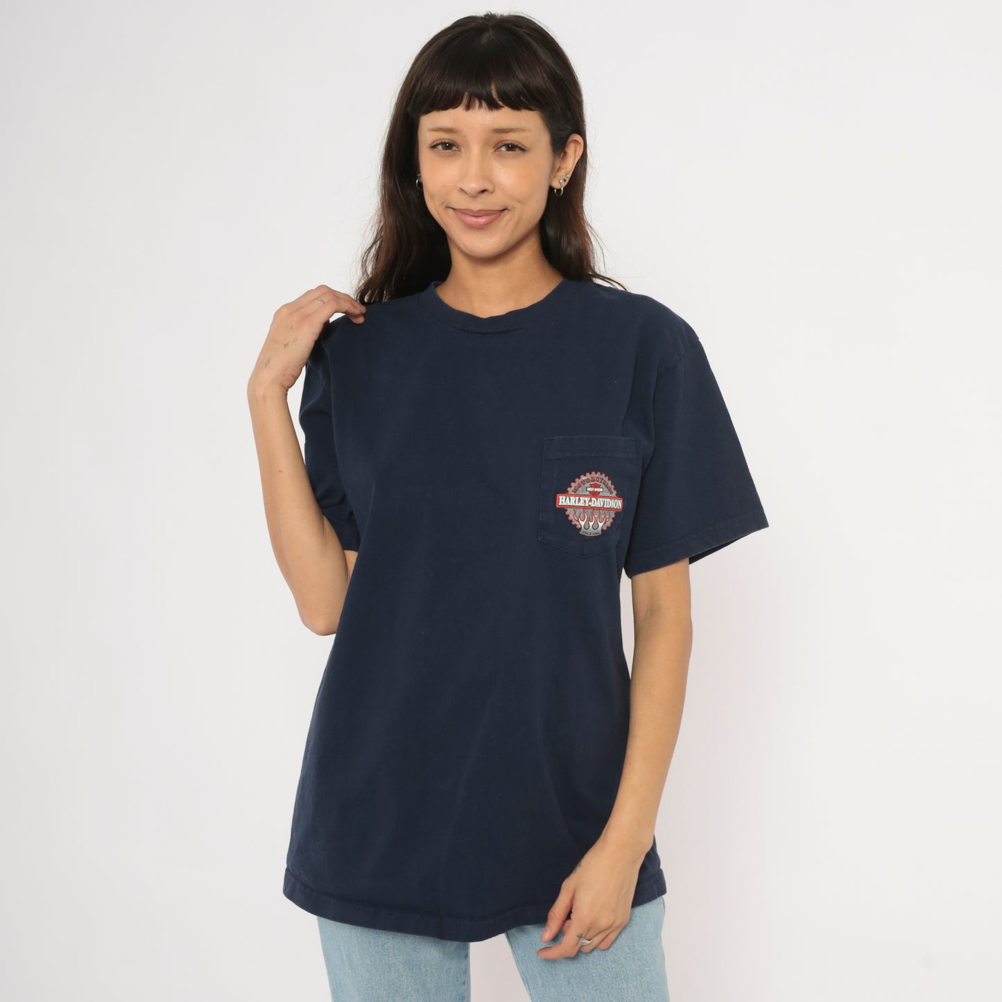 Harley Davidson Pocket Tee 2000s Navy Blue Motorcycle Biker Crew Neck Cotton Short Sleeve Zanotti Butler Pennsylvania Vintage Shirt Large L