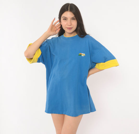 New York Lottery Games 90s Ringer Tee Blue Yellow Cotton Color Block Short Sleeve Streetwear Boxy Fit Unisex Vintage Shirt Extra Large XL
