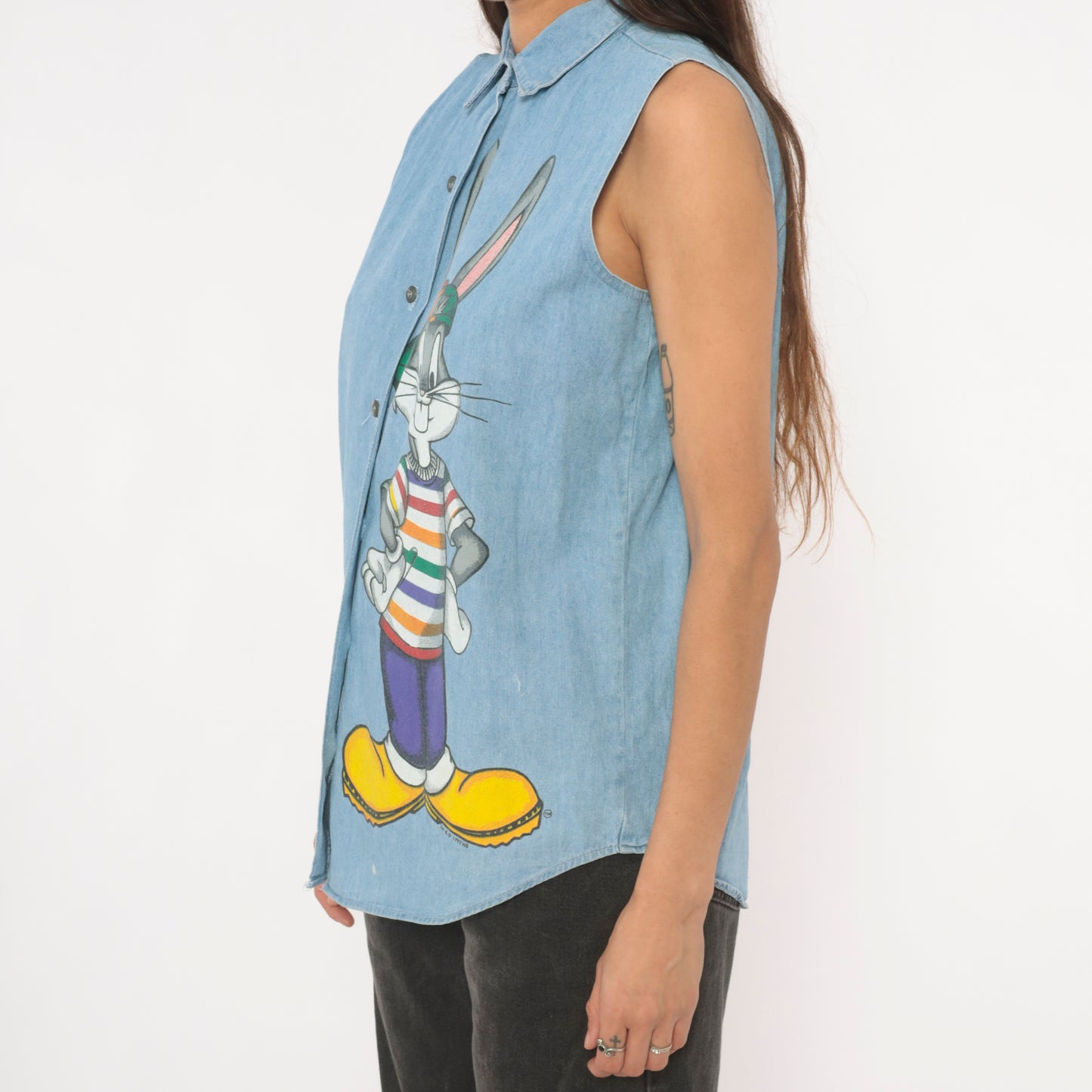Bugs Bunny Denim Shirt 90s Looney Tunes Chambray Cartoon Top Collared Light Blue Jean Blouse Cotton Vintage Summer Spring Nostalgic Medium M