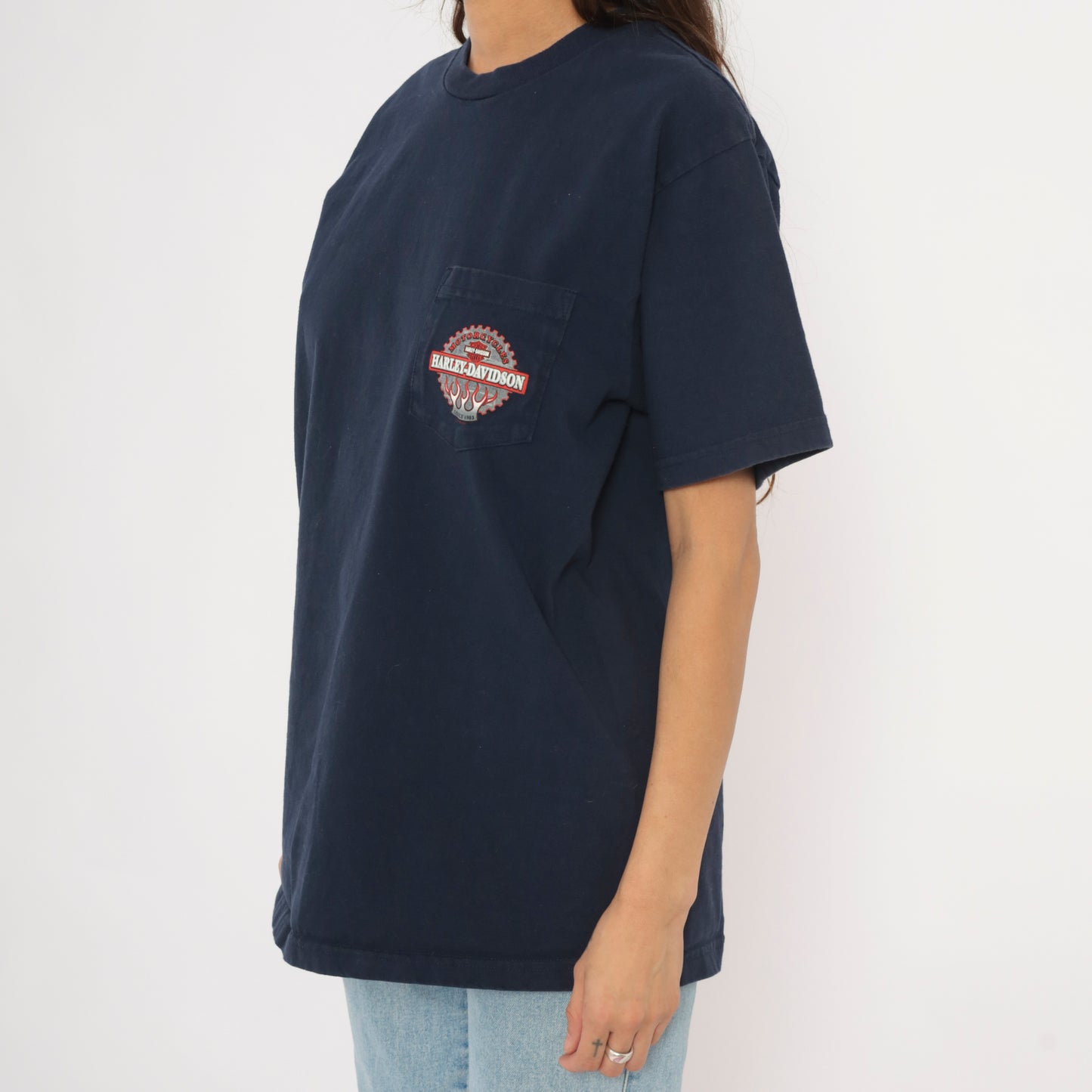 Harley Davidson Pocket Tee 2000s Navy Blue Motorcycle Biker Crew Neck Cotton Short Sleeve Zanotti Butler Pennsylvania Vintage Shirt Large L