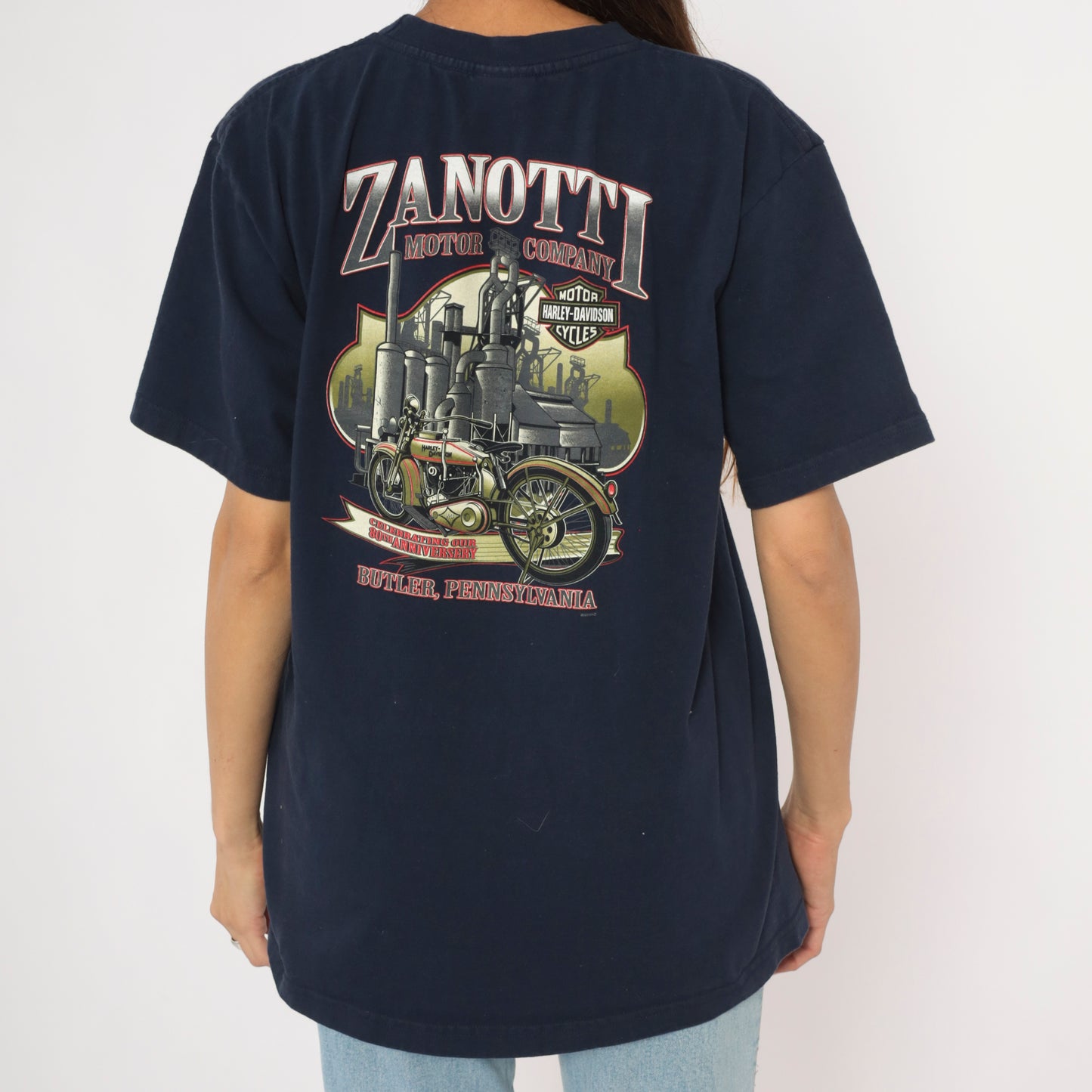 Harley Davidson Pocket Tee 2000s Navy Blue Motorcycle Biker Crew Neck Cotton Short Sleeve Zanotti Butler Pennsylvania Vintage Shirt Large L