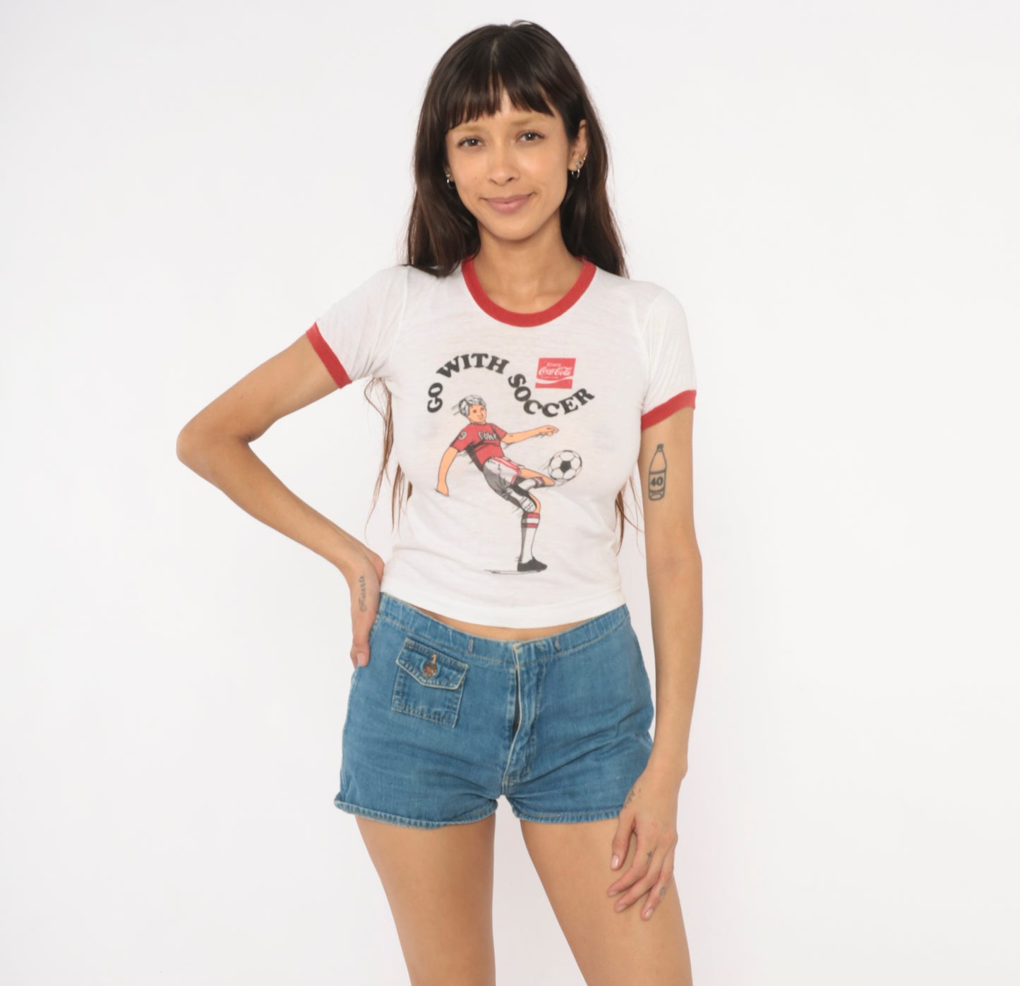 80s Coca Cola Soccer Ringer Tee Coke Print White Red Baby Crop Top Cotton Sporty Collegiate Vintage Athletic Shirt Extra Extra Small XXS