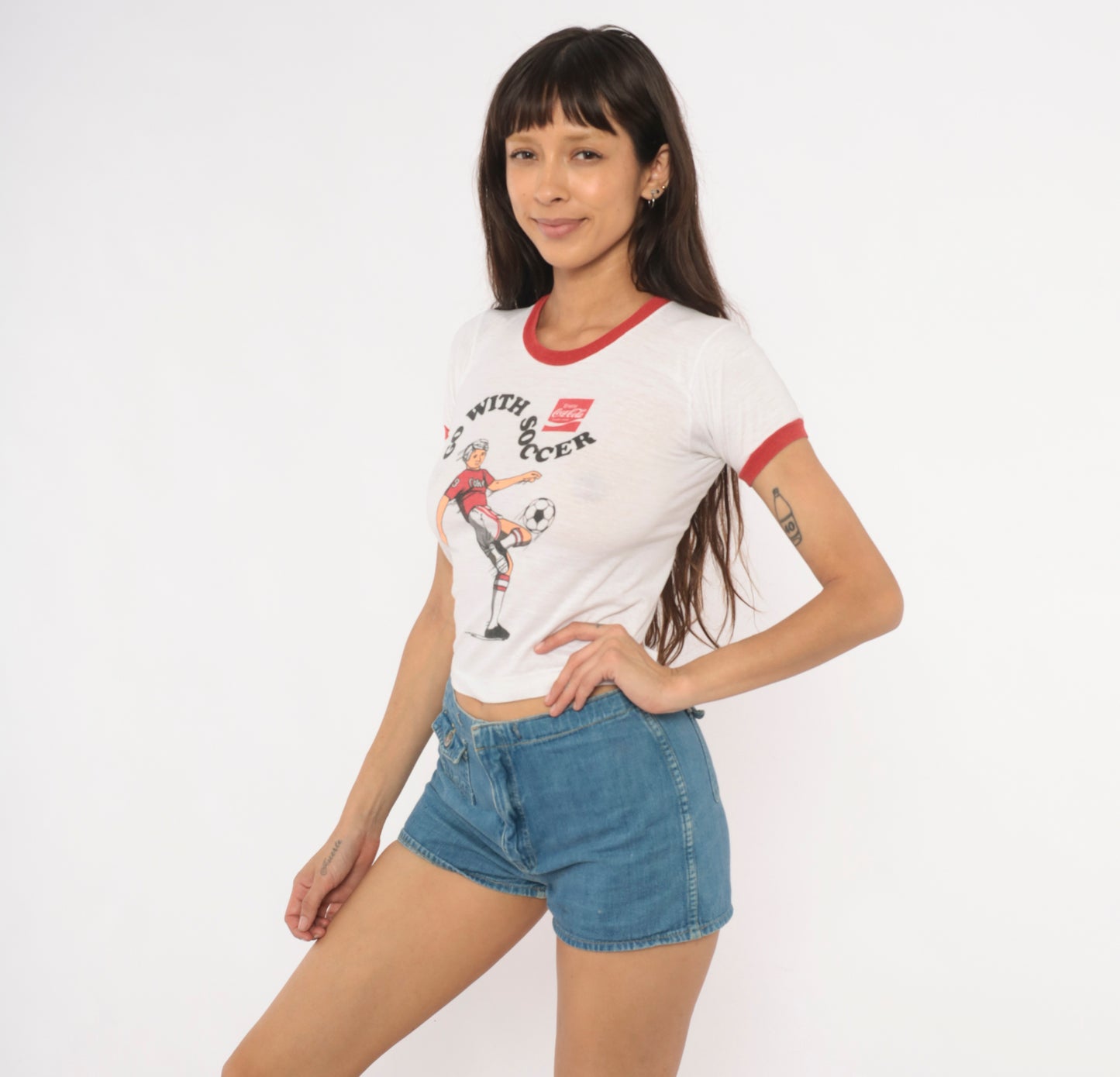 80s Coca Cola Soccer Ringer Tee Coke Print White Red Baby Crop Top Cotton Sporty Collegiate Vintage Athletic Shirt Extra Extra Small XXS