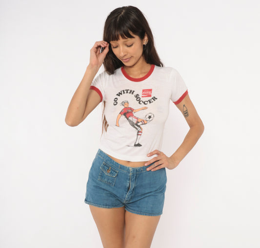 80s Coca Cola Soccer Ringer Tee Coke Print White Red Baby Crop Top Cotton Sporty Collegiate Vintage Athletic Shirt Extra Extra Small XXS