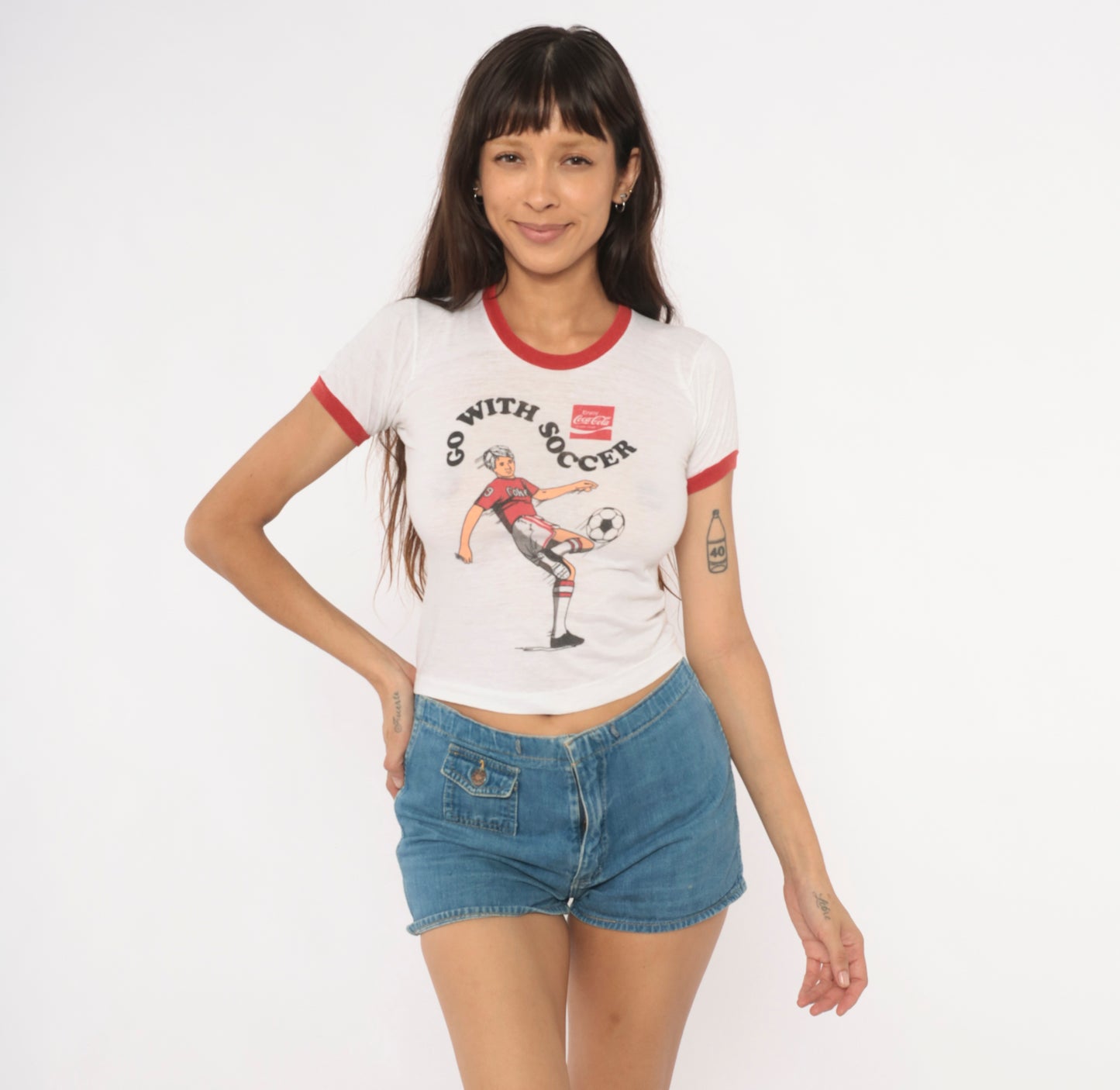 80s Coca Cola Soccer Ringer Tee Coke Print White Red Baby Crop Top Cotton Sporty Collegiate Vintage Athletic Shirt Extra Extra Small XXS
