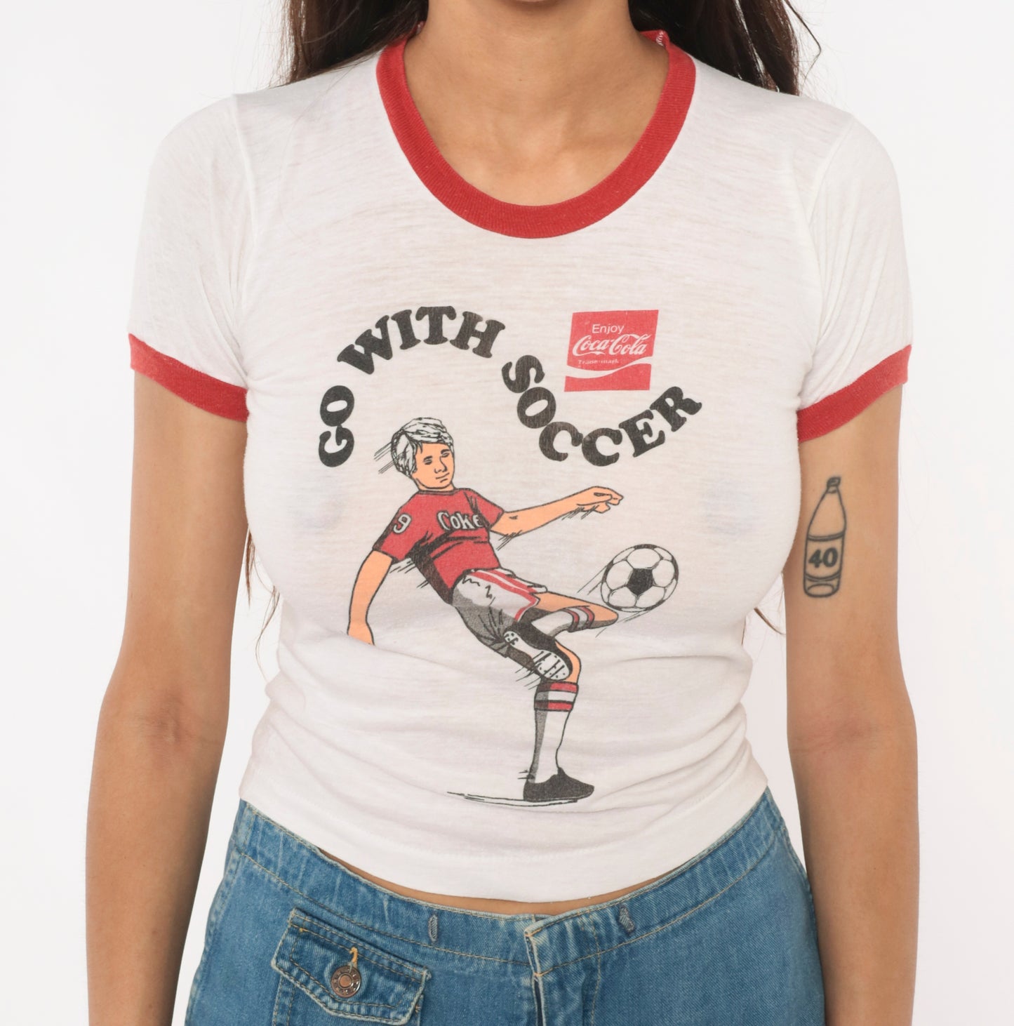 80s Coca Cola Soccer Ringer Tee Coke Print White Red Baby Crop Top Cotton Sporty Collegiate Vintage Athletic Shirt Extra Extra Small XXS