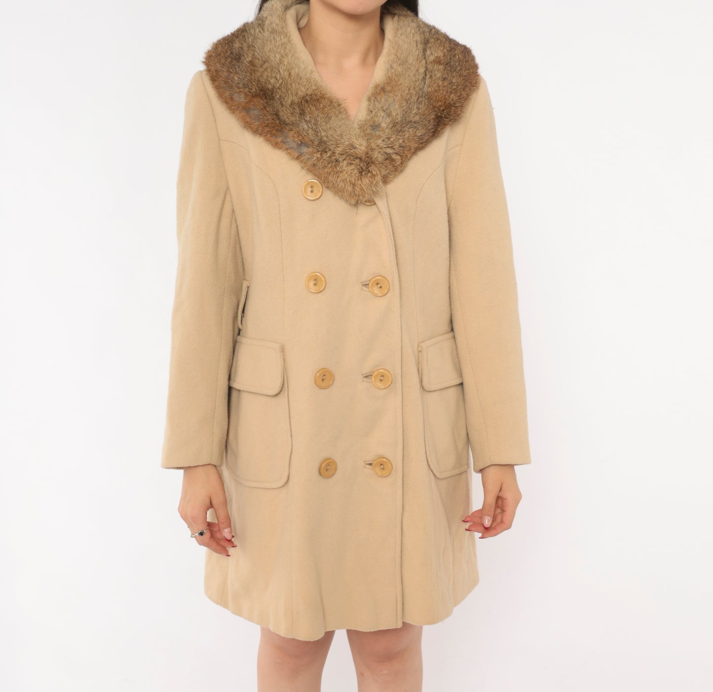 Fur Collar Wool Coat 60s Double Breasted Camel Tan Button Front Winter Jacket Warm Brown Neckline Princess Seam Vintage Outerwear Medium M