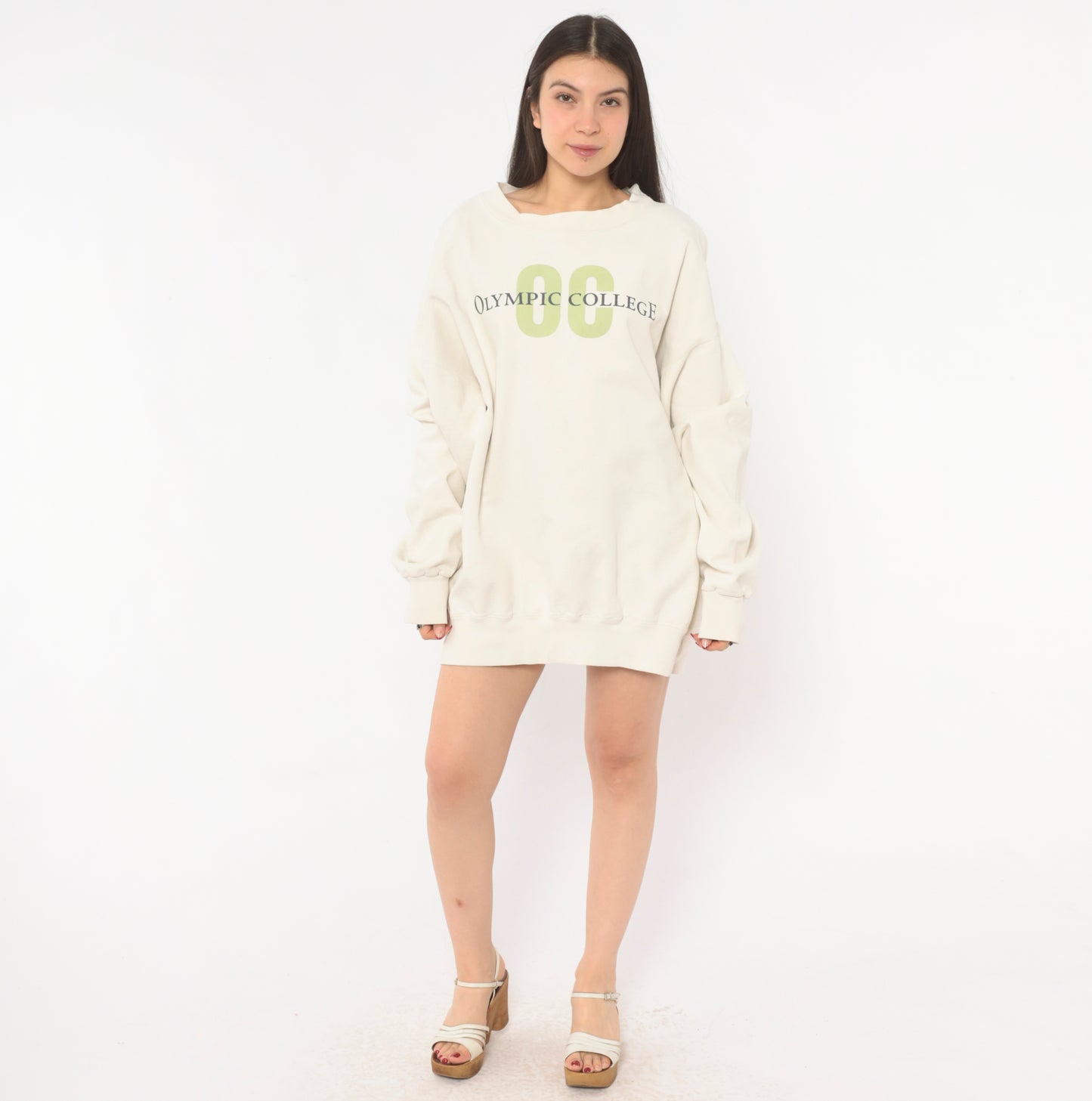 Olympic College Sweatshirt 90s Cream Collegiate Pullover Crewneck Cotton Ivory Preppy University Graphic Print Sage Green Spell Out Vintage Extra Large XL