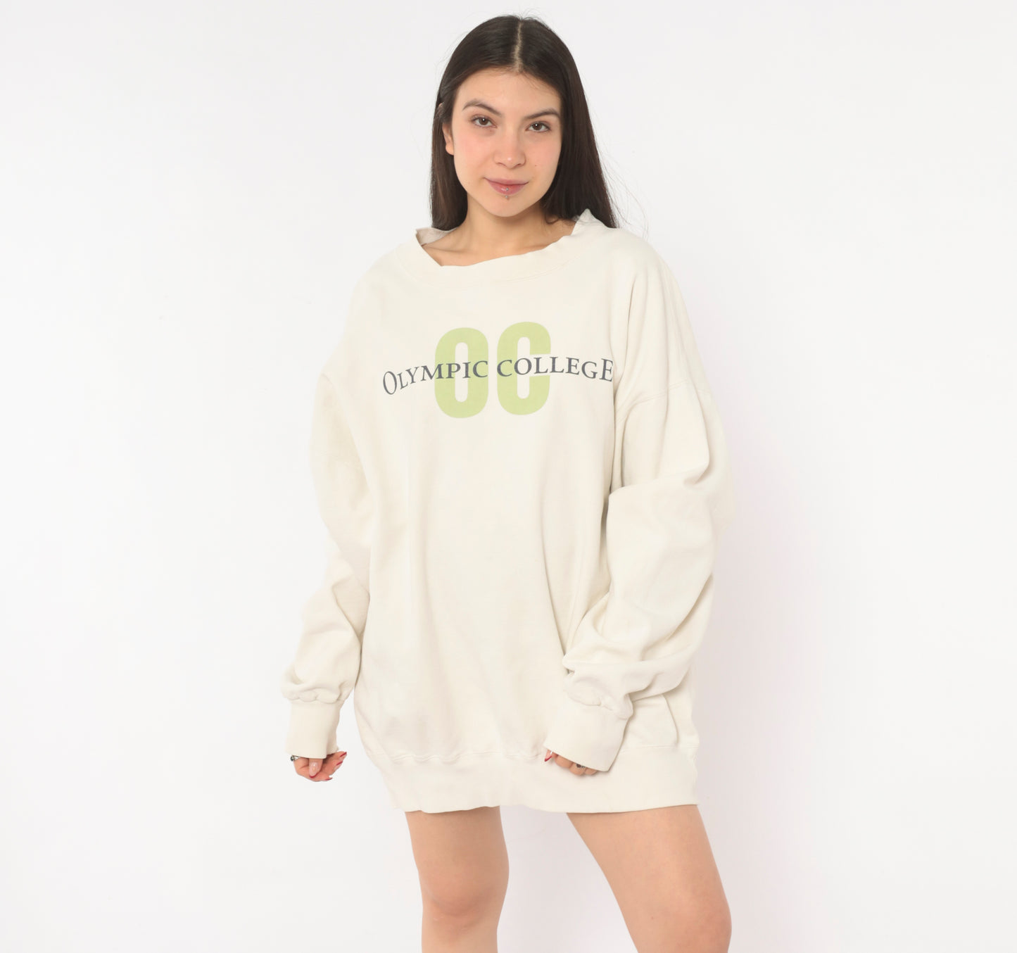 Olympic College Sweatshirt 90s Cream Collegiate Pullover Crewneck Cotton Ivory Preppy University Graphic Print Sage Green Spell Out Vintage Extra Large XL