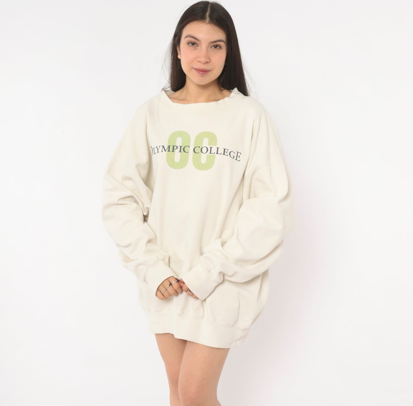 Olympic College Sweatshirt 90s Cream Collegiate Pullover Crewneck Cotton Ivory Preppy University Graphic Print Sage Green Spell Out Vintage Extra Large XL