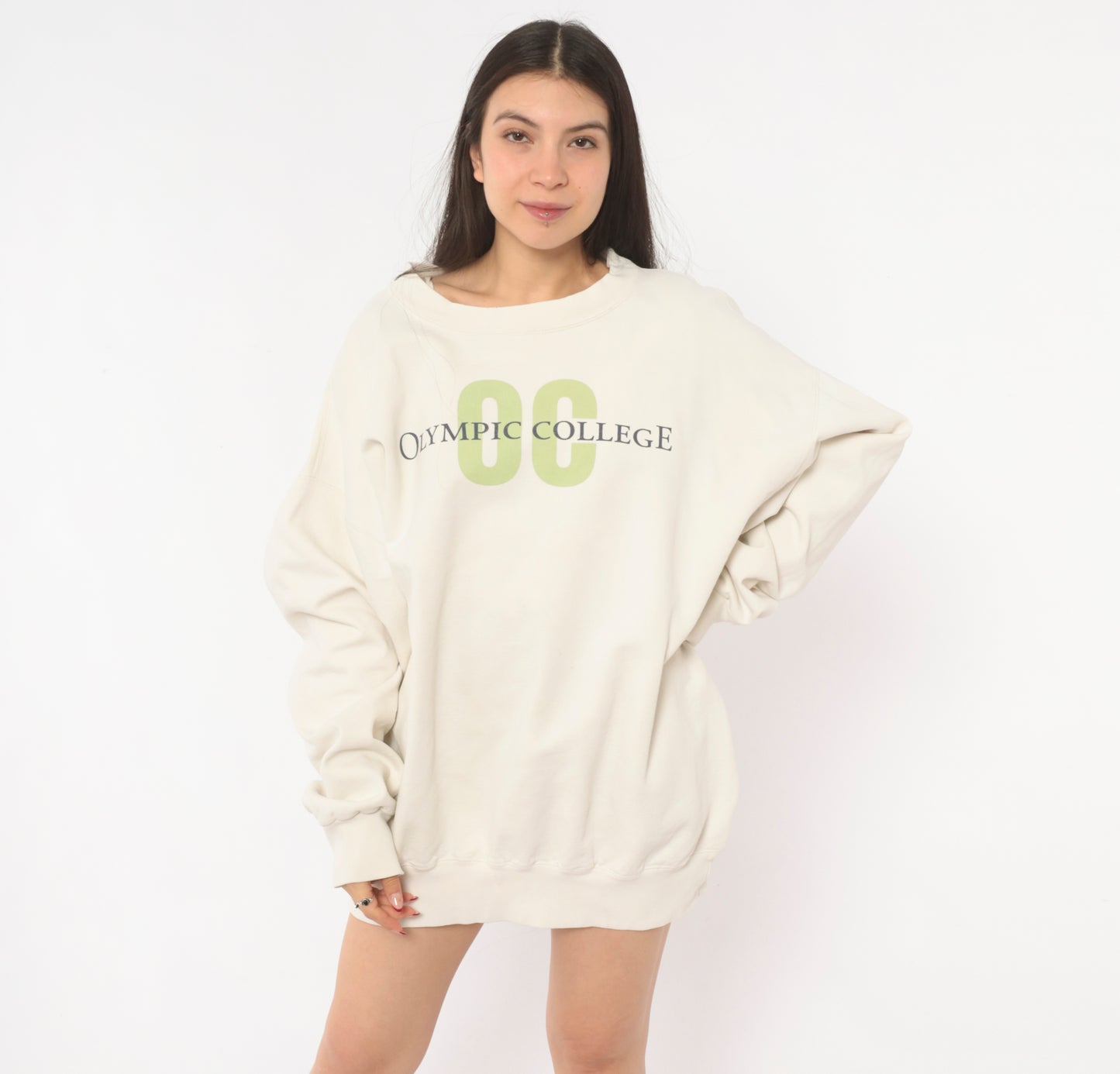 Olympic College Sweatshirt 90s Cream Collegiate Pullover Crewneck Cotton Ivory Preppy University Graphic Print Sage Green Spell Out Vintage Extra Large XL