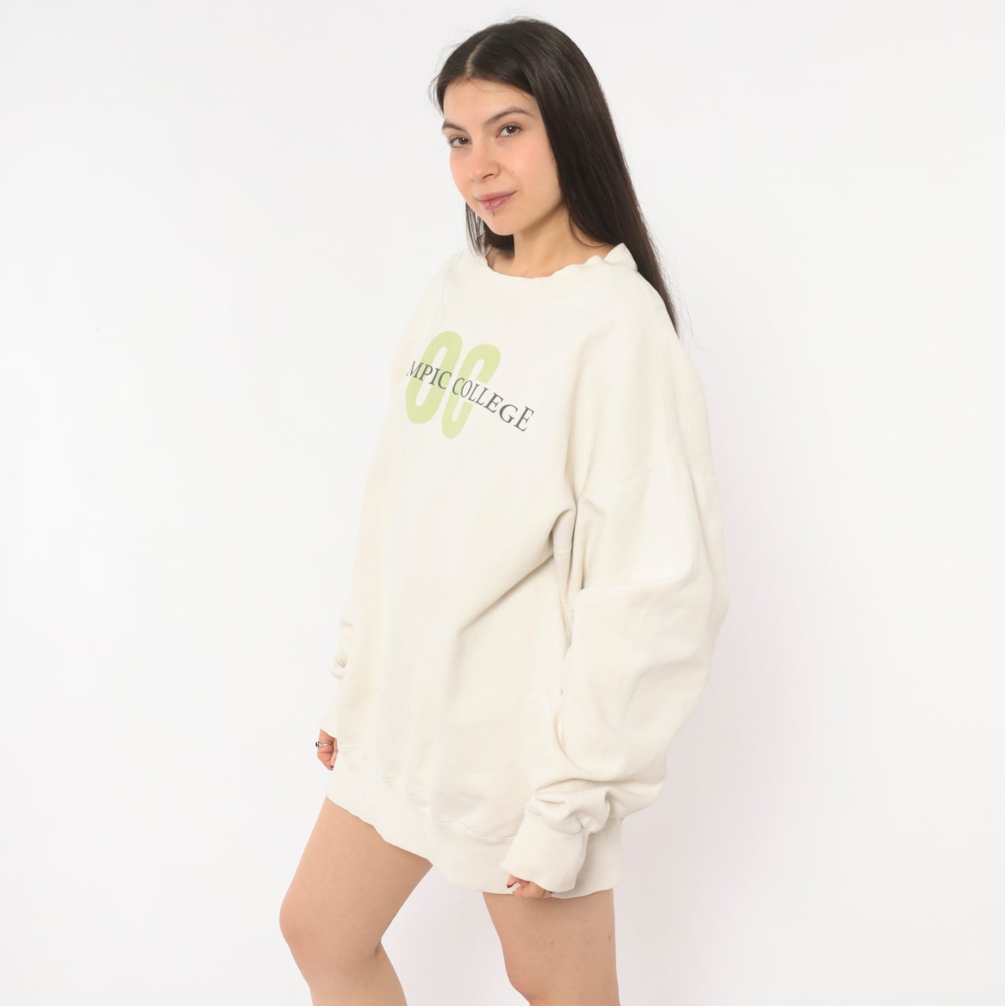 Olympic College Sweatshirt 90s Cream Collegiate Pullover Crewneck Cotton Ivory Preppy University Graphic Print Sage Green Spell Out Vintage Extra Large XL