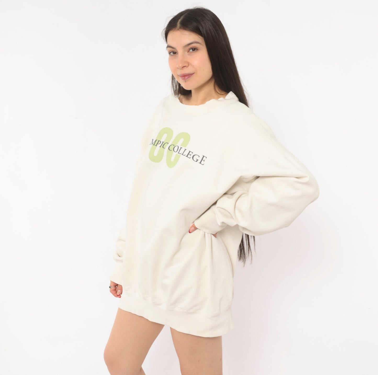 Olympic College Sweatshirt 90s Cream Collegiate Pullover Crewneck Cotton Ivory Preppy University Graphic Print Sage Green Spell Out Vintage Extra Large XL