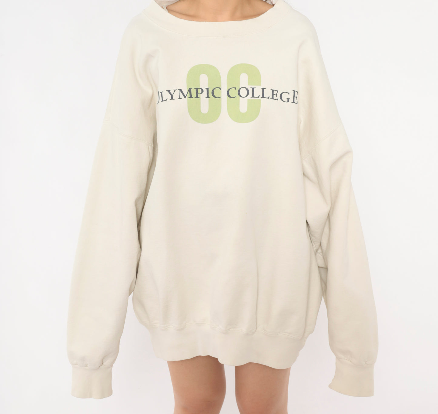 Olympic College Sweatshirt 90s Cream Collegiate Pullover Crewneck Cotton Ivory Preppy University Graphic Print Sage Green Spell Out Vintage Extra Large XL