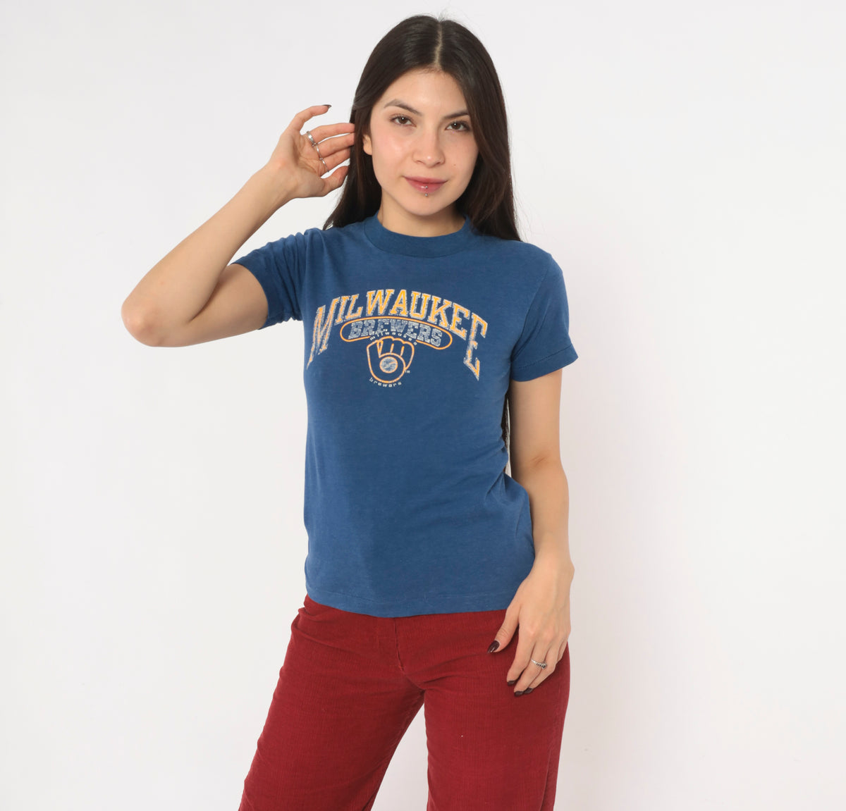 80s Milwaukee Brewers T Shirt MLB Baseball Graphic Tee Champion Blue Cotton Crew Neck Short Sleeve Mustard Yellow Distressed Print Fitted Sports Vintage Extra Small XS