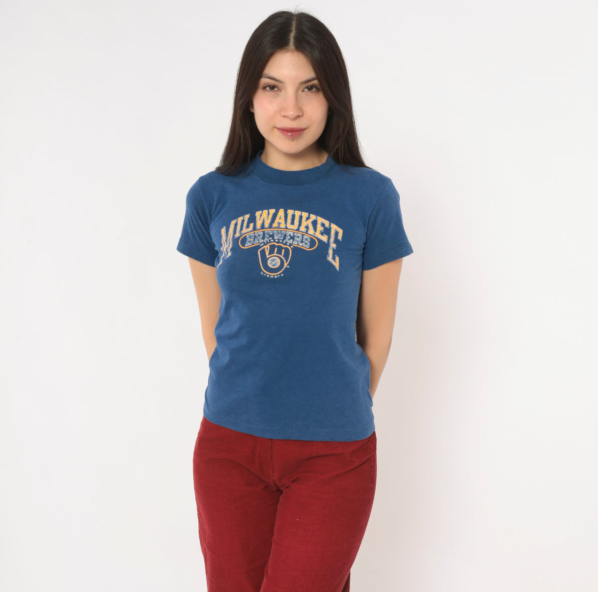 80s Milwaukee Brewers T Shirt MLB Baseball Graphic Tee Champion Blue Cotton Crew Neck Short Sleeve Mustard Yellow Distressed Print Fitted Sports Vintage Extra Small XS