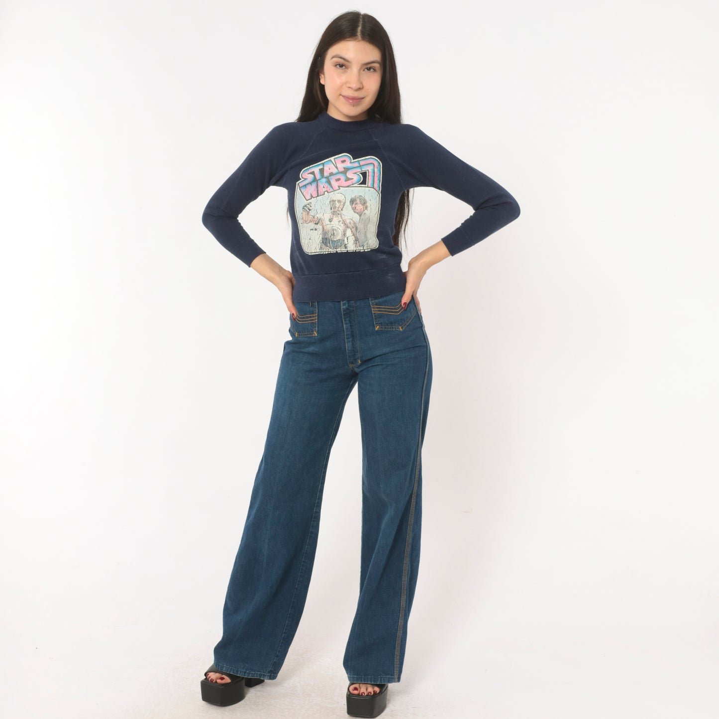 80s Star Wars C3PO Luke Skywalker Sweatshirt Navy Blue Raglan Sleeve Cropped Pullover Sci Fi Movie Cotton Vintage Top Extra Extra Small XXS