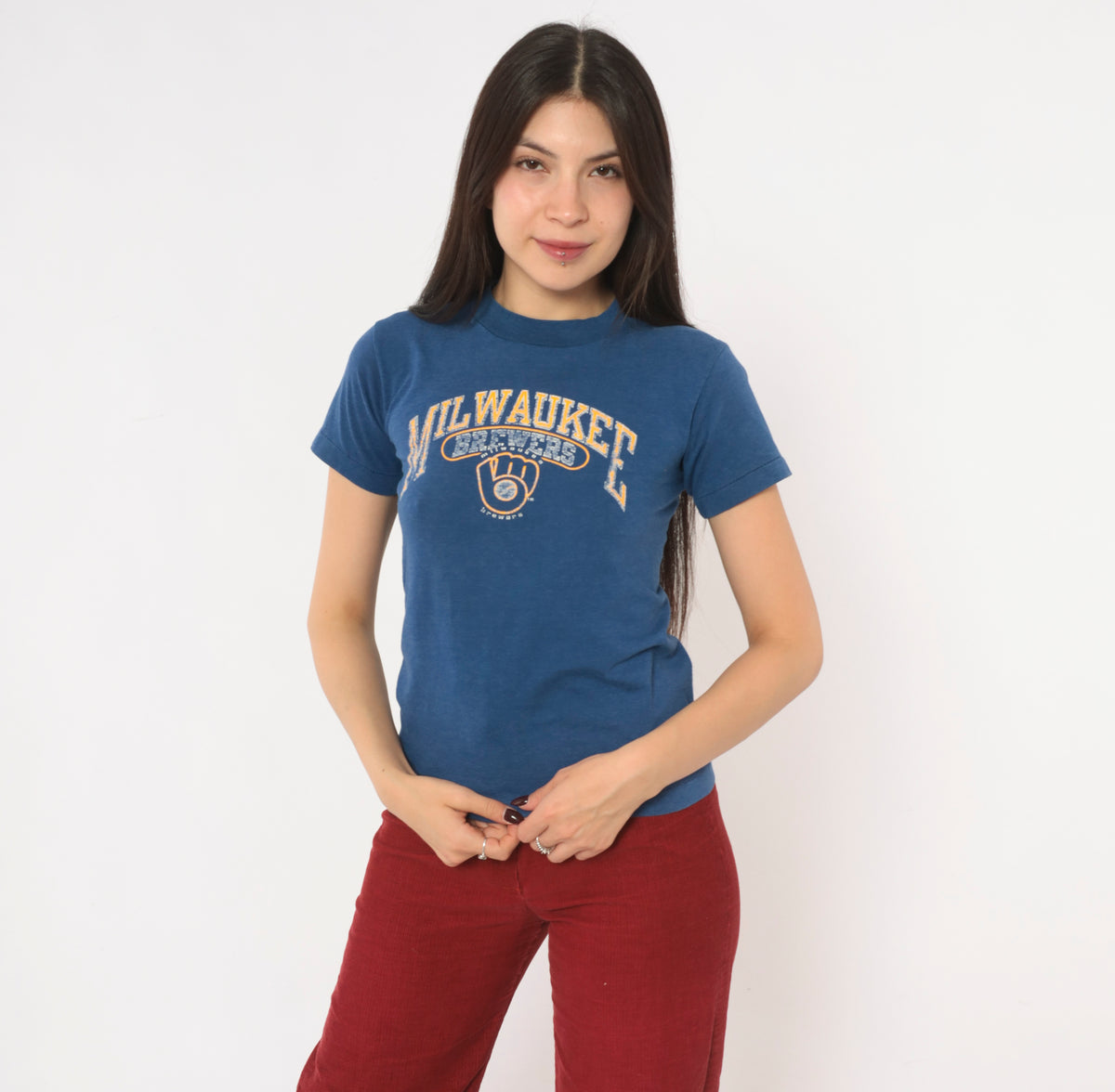 80s Milwaukee Brewers T Shirt MLB Baseball Graphic Tee Champion Blue Cotton Crew Neck Short Sleeve Mustard Yellow Distressed Print Fitted Sports Vintage Extra Small XS