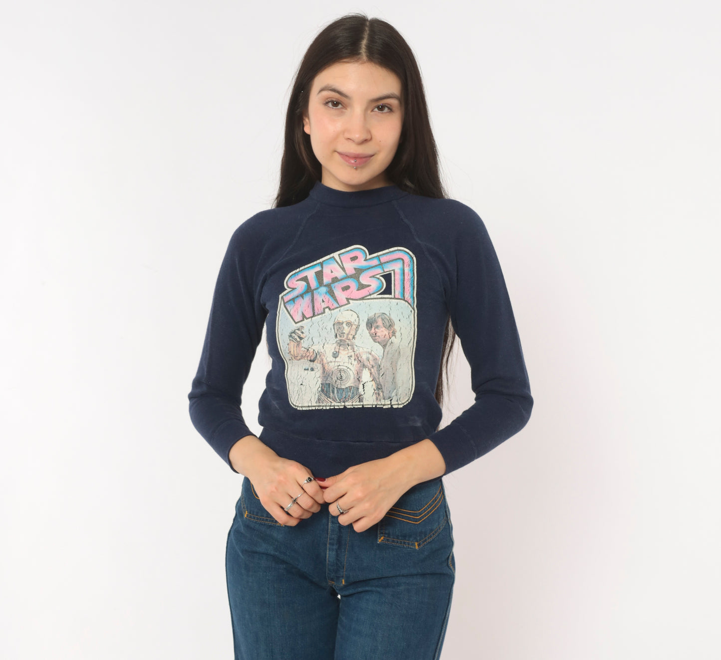 80s Star Wars C3PO Luke Skywalker Sweatshirt Navy Blue Raglan Sleeve Cropped Pullover Sci Fi Movie Cotton Vintage Top Extra Extra Small XXS