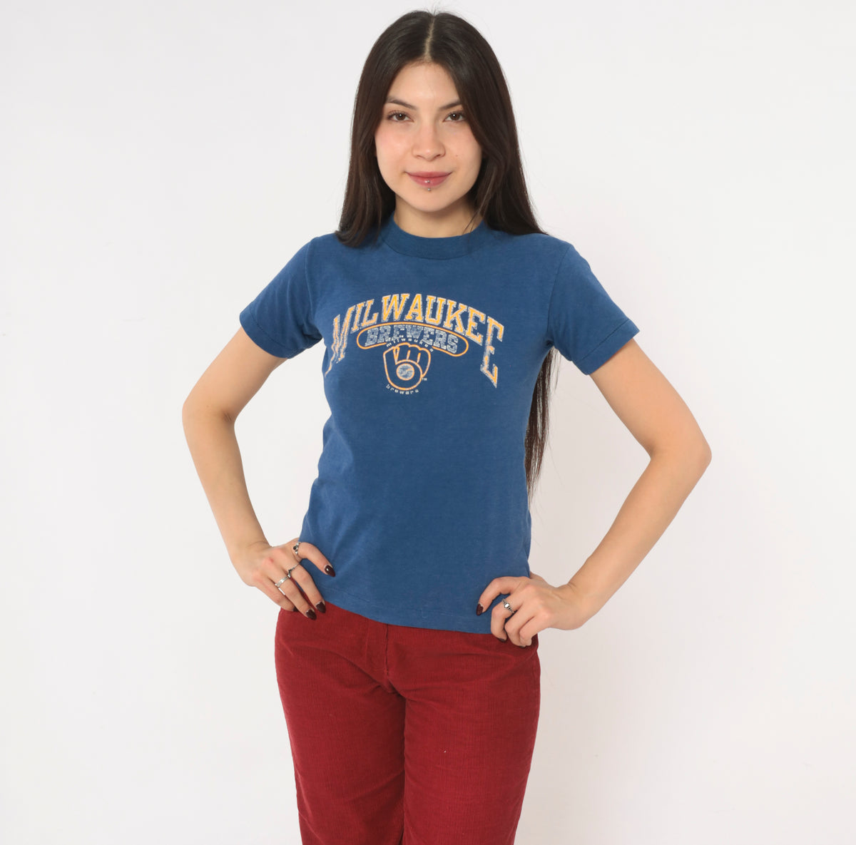 80s Milwaukee Brewers T Shirt MLB Baseball Graphic Tee Champion Blue Cotton Crew Neck Short Sleeve Mustard Yellow Distressed Print Fitted Sports Vintage Extra Small XS