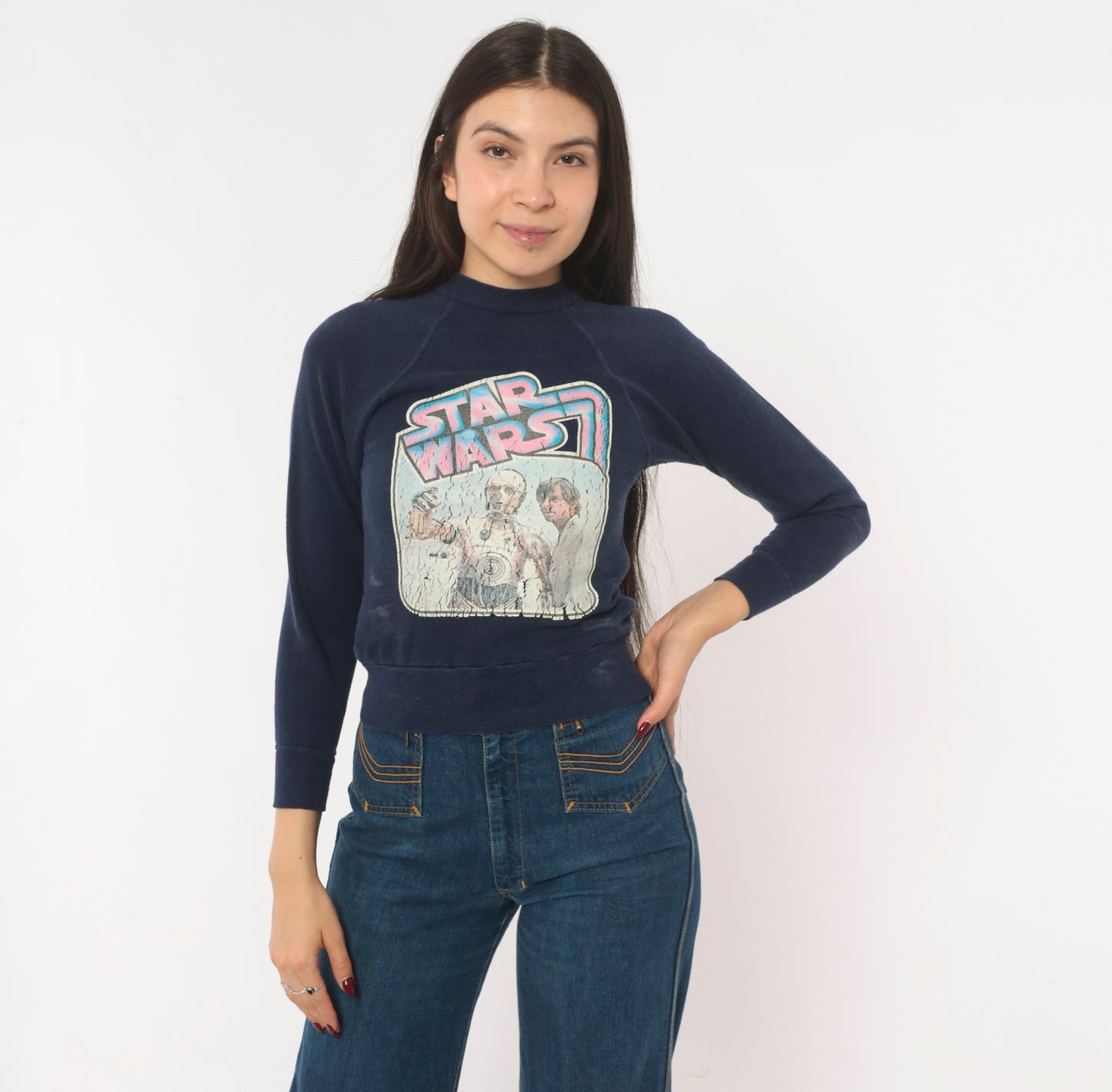 80s Star Wars C3PO Luke Skywalker Sweatshirt Navy Blue Raglan Sleeve Cropped Pullover Sci Fi Movie Cotton Vintage Top Extra Extra Small XXS