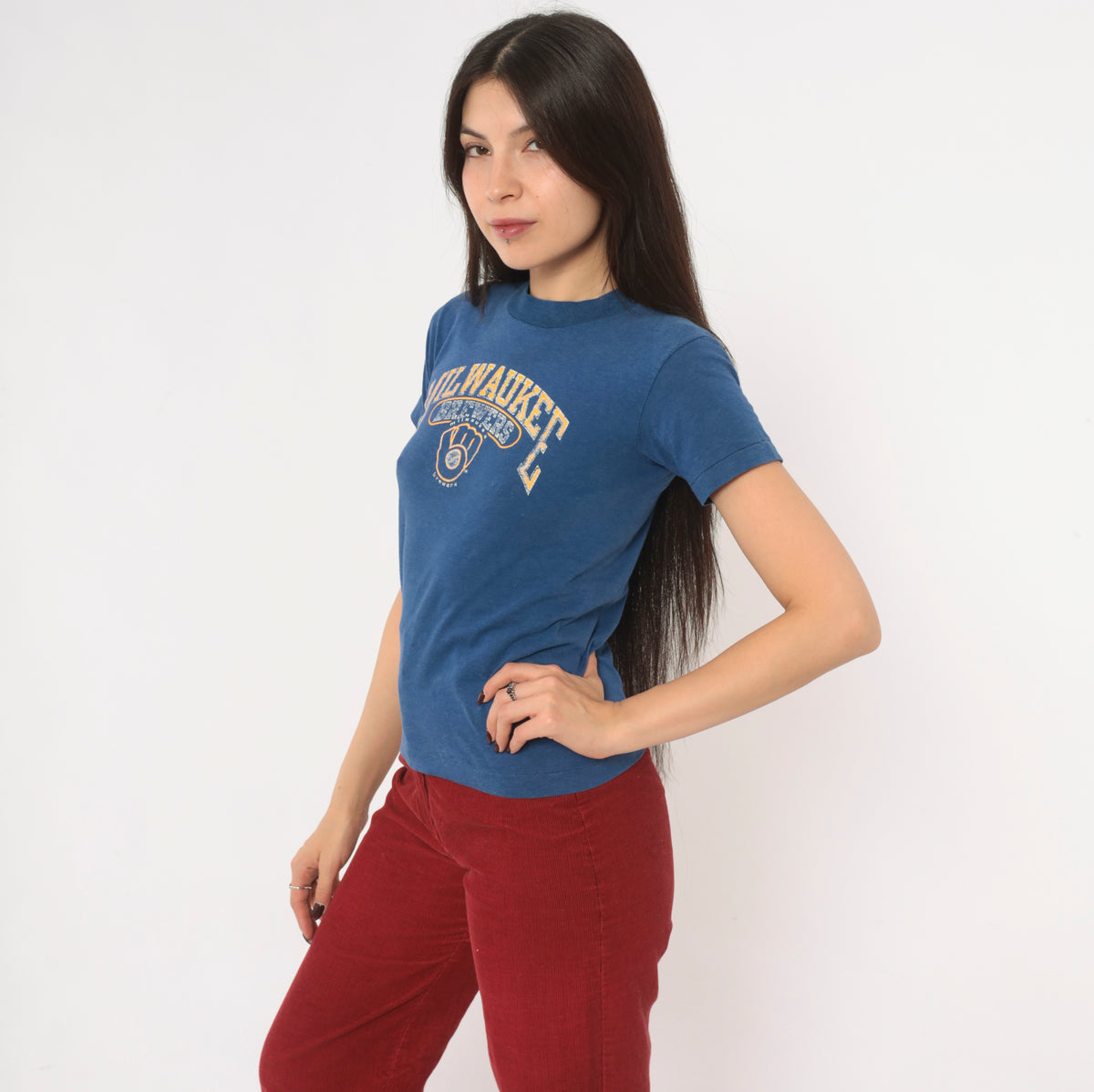 80s Milwaukee Brewers T Shirt MLB Baseball Graphic Tee Champion Blue Cotton Crew Neck Short Sleeve Mustard Yellow Distressed Print Fitted Sports Vintage Extra Small XS