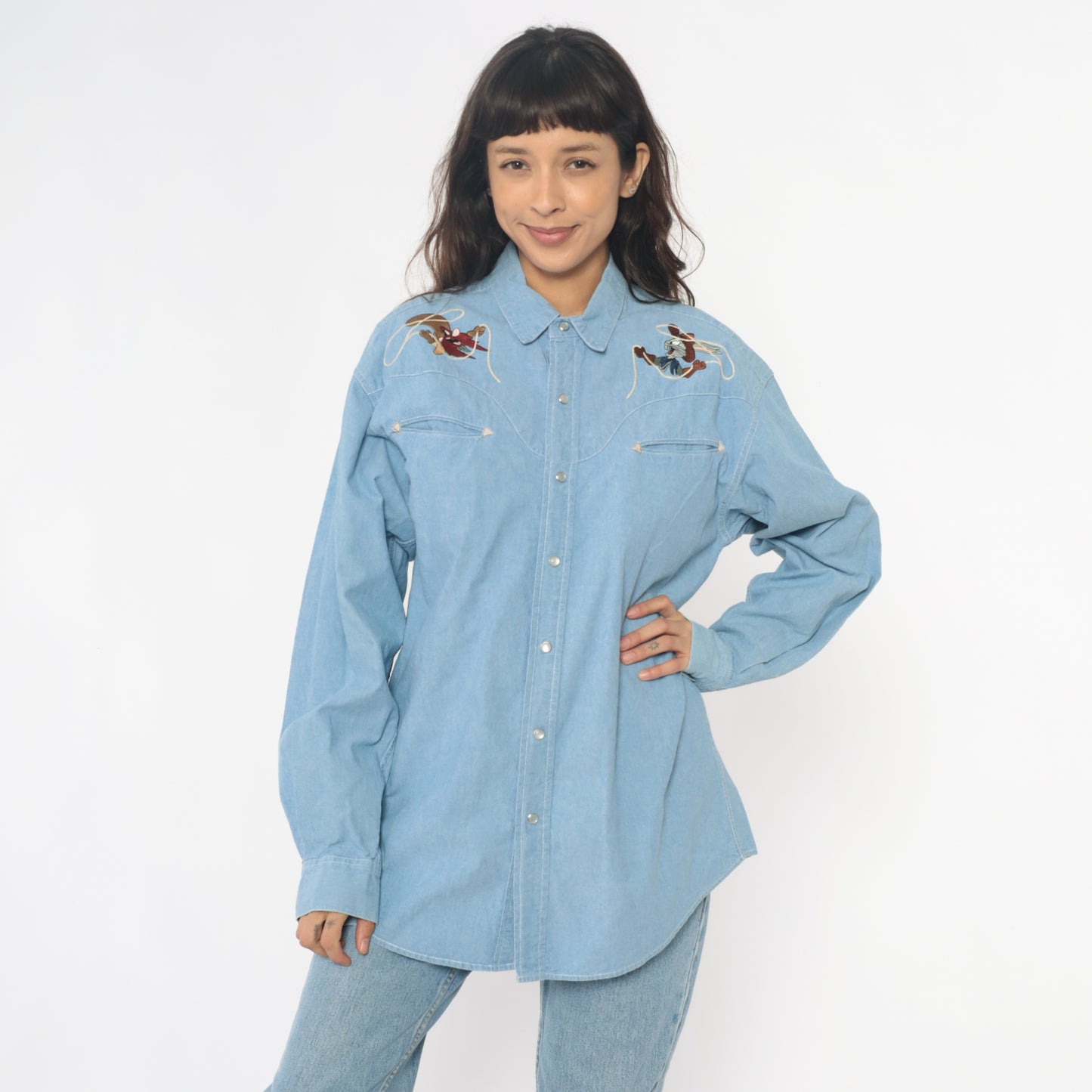 Looney Tunes Western Snap Button Shirt Warner Bros 90s Denim Tasmanian Devil Taz Embroidered Blue Chambray Cotton Novelty Cartoon Medium M