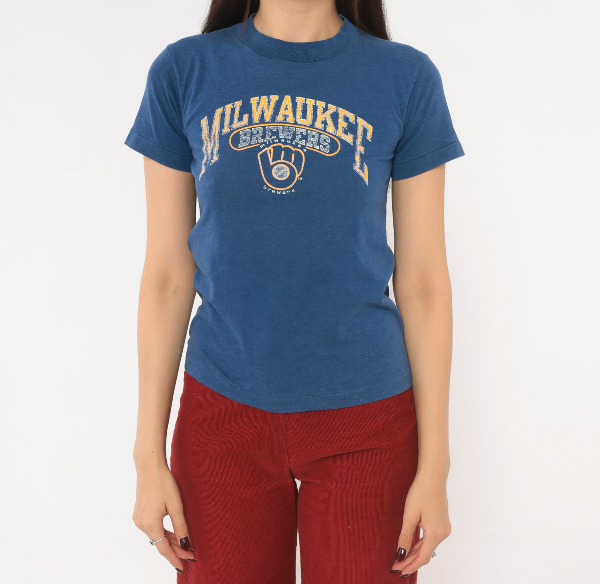 80s Milwaukee Brewers T Shirt MLB Baseball Graphic Tee Champion Blue Cotton Crew Neck Short Sleeve Mustard Yellow Distressed Print Fitted Sports Vintage Extra Small XS