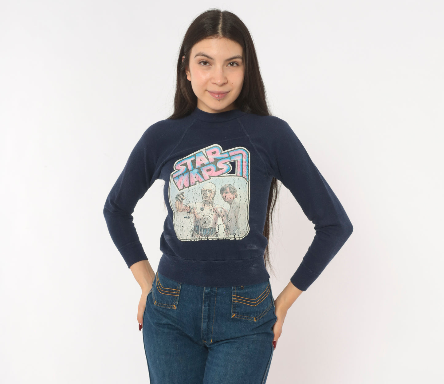 80s Star Wars C3PO Luke Skywalker Sweatshirt Navy Blue Raglan Sleeve Cropped Pullover Sci Fi Movie Cotton Vintage Top Extra Extra Small XXS