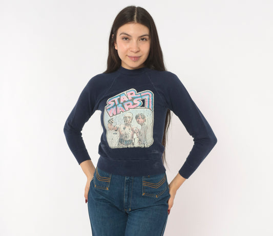80s Star Wars C3PO Luke Skywalker Sweatshirt Navy Blue Raglan Sleeve Cropped Pullover Sci Fi Movie Cotton Vintage Top Extra Extra Small XXS