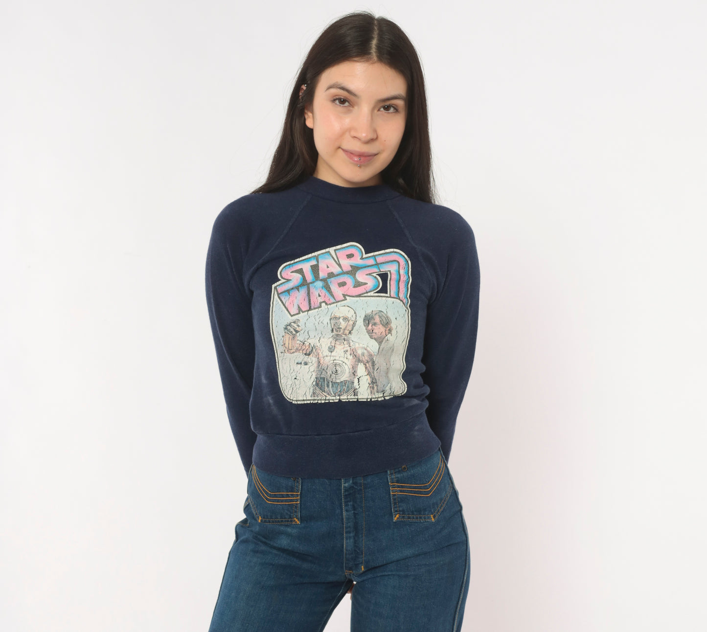 80s Star Wars C3PO Luke Skywalker Sweatshirt Navy Blue Raglan Sleeve Cropped Pullover Sci Fi Movie Cotton Vintage Top Extra Extra Small XXS