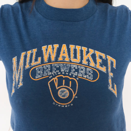 80s Milwaukee Brewers T Shirt MLB Baseball Graphic Tee Champion Blue Cotton Crew Neck Short Sleeve Mustard Yellow Distressed Print Fitted Sports Vintage Extra Small XS