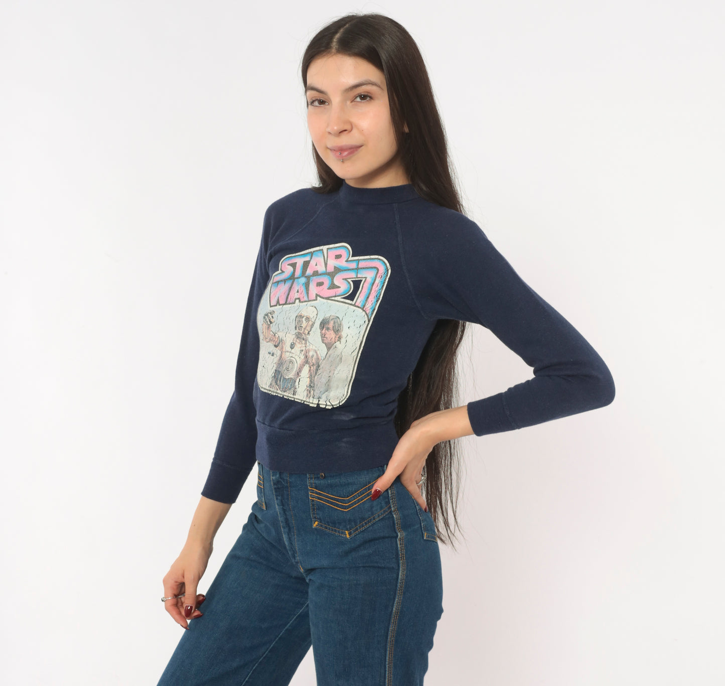 80s Star Wars C3PO Luke Skywalker Sweatshirt Navy Blue Raglan Sleeve Cropped Pullover Sci Fi Movie Cotton Vintage Top Extra Extra Small XXS