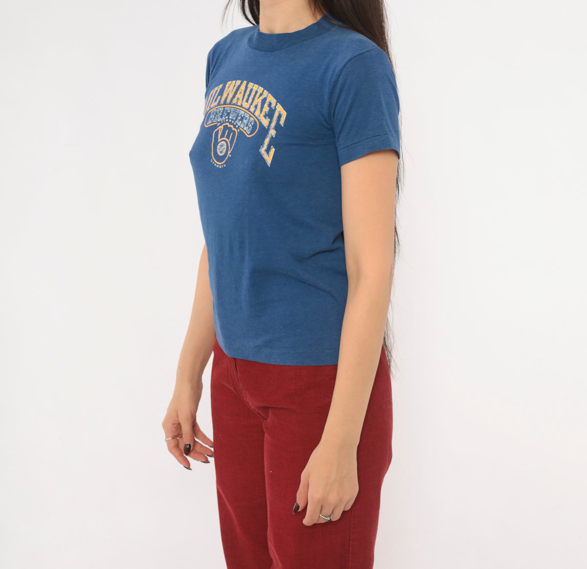 80s Milwaukee Brewers T Shirt MLB Baseball Graphic Tee Champion Blue Cotton Crew Neck Short Sleeve Mustard Yellow Distressed Print Fitted Sports Vintage Extra Small XS