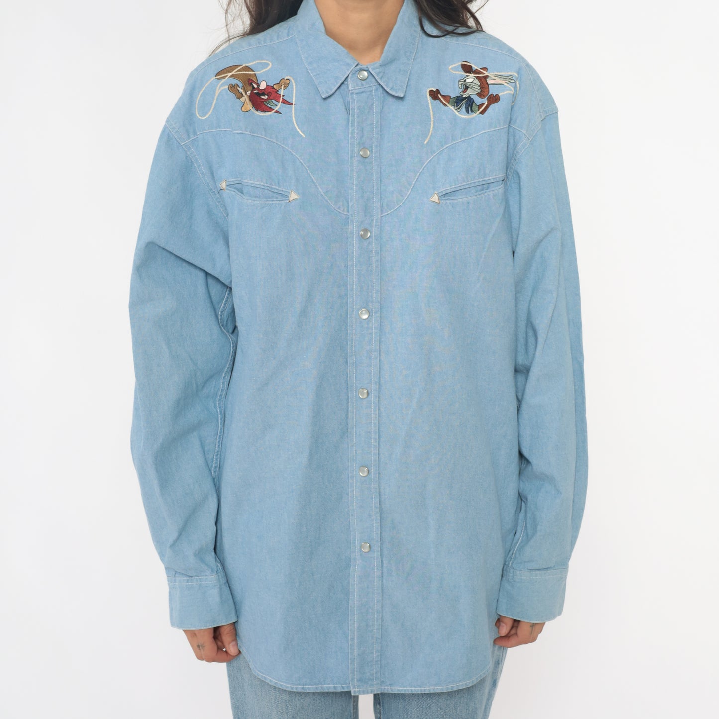 Looney Tunes Western Snap Button Shirt Warner Bros 90s Denim Tasmanian Devil Taz Embroidered Blue Chambray Cotton Novelty Cartoon Medium M
