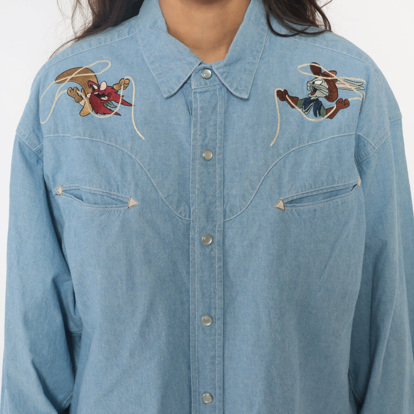 Looney Tunes Western Snap Button Shirt Warner Bros 90s Denim Tasmanian Devil Taz Embroidered Blue Chambray Cotton Novelty Cartoon Medium M
