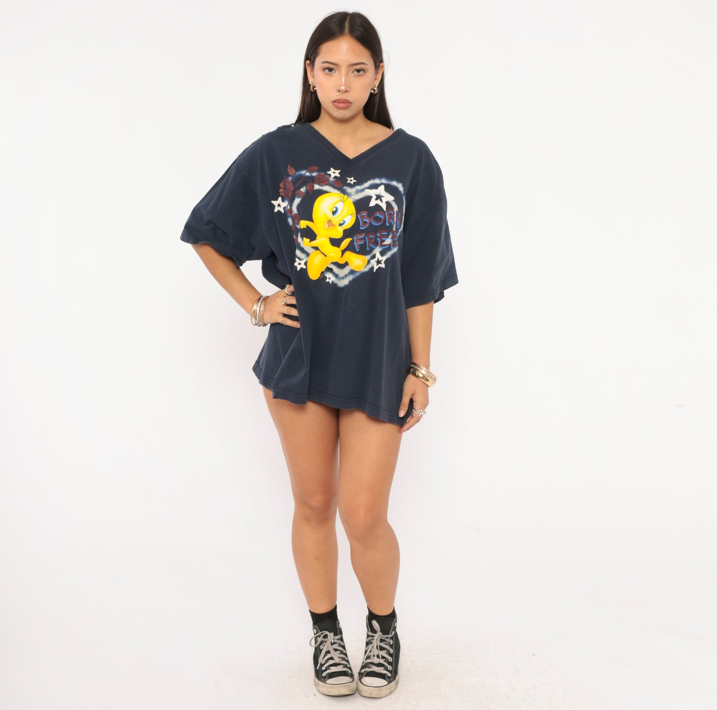 Tweety Bird Tee 90s Looney Tunes Born Free Graphic V Neck Cotton Navy Blue Cartoon Stars Heart Boxy Relaxed Fit Dark Shirt Plus Size 2X XXL