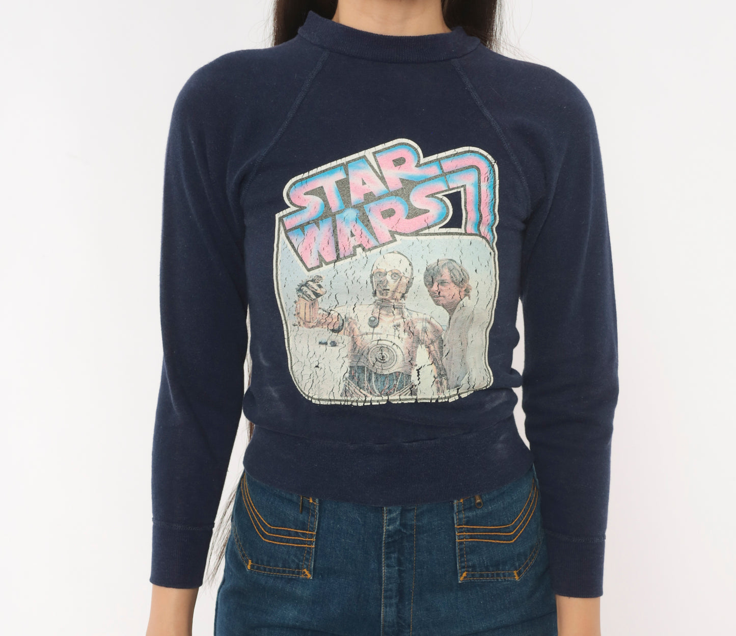 80s Star Wars C3PO Luke Skywalker Sweatshirt Navy Blue Raglan Sleeve Cropped Pullover Sci Fi Movie Cotton Vintage Top Extra Extra Small XXS