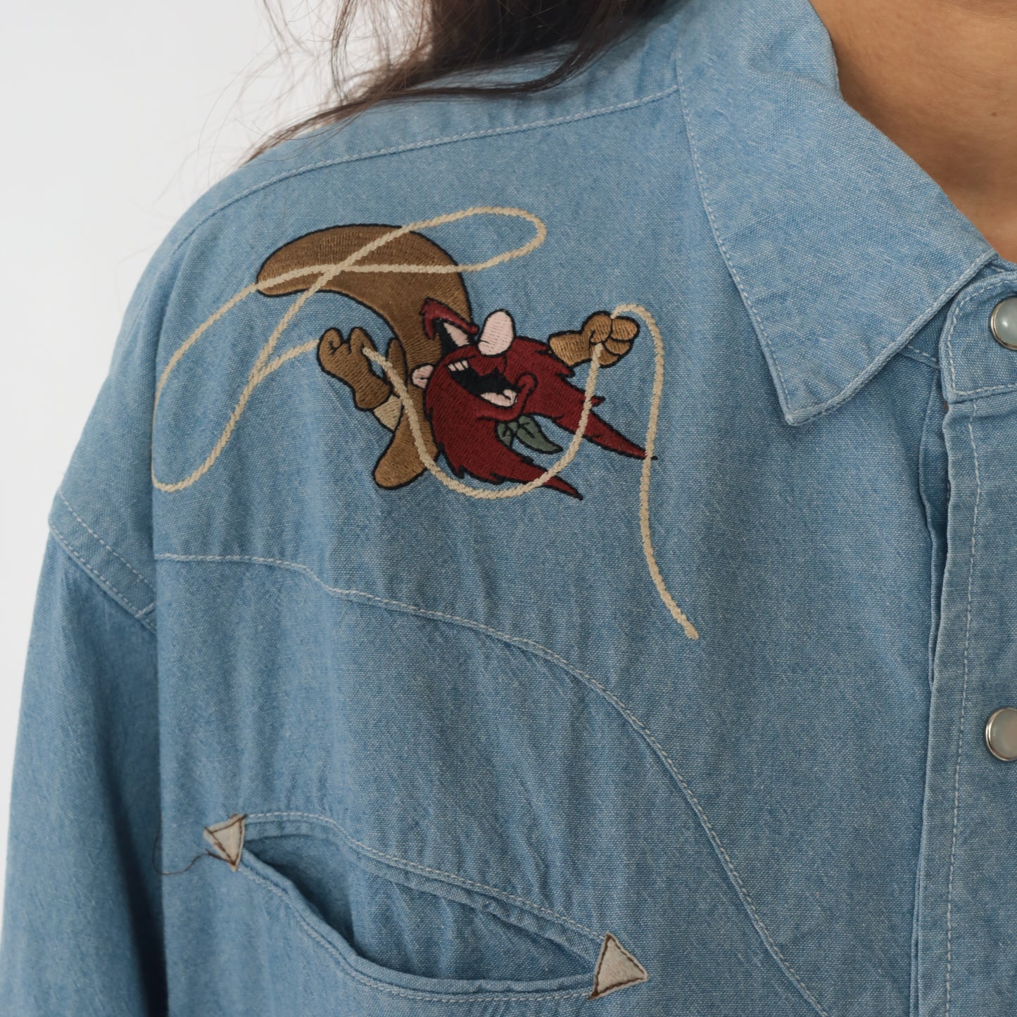 Looney Tunes Western Snap Button Shirt Warner Bros 90s Denim Tasmanian Devil Taz Embroidered Blue Chambray Cotton Novelty Cartoon Medium M