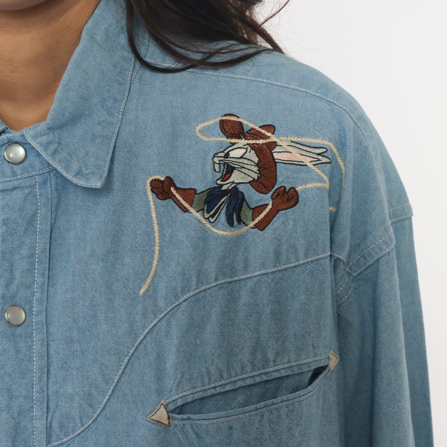 Looney Tunes Western Snap Button Shirt Warner Bros 90s Denim Tasmanian Devil Taz Embroidered Blue Chambray Cotton Novelty Cartoon Medium M
