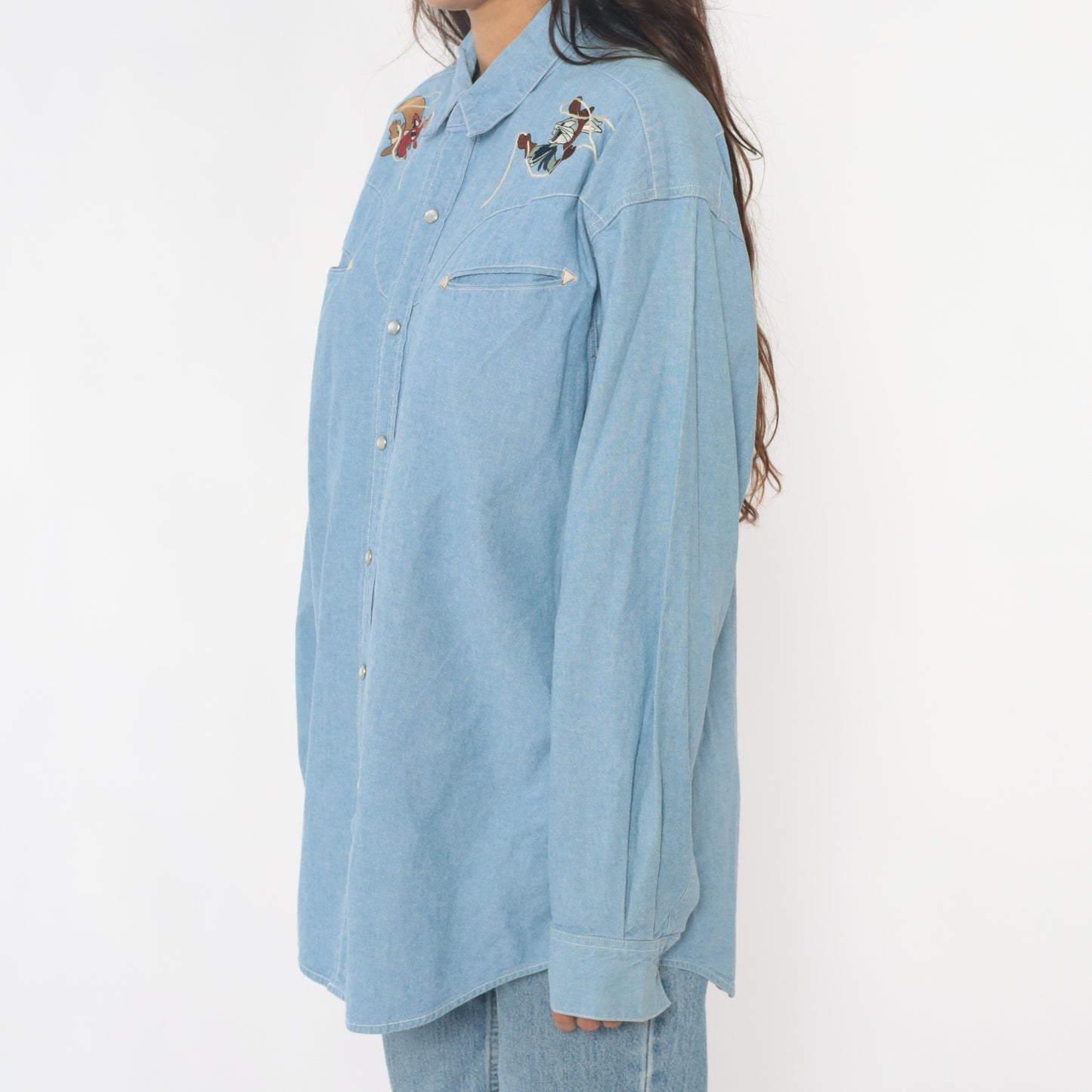 Looney Tunes Western Snap Button Shirt Warner Bros 90s Denim Tasmanian Devil Taz Embroidered Blue Chambray Cotton Novelty Cartoon Medium M