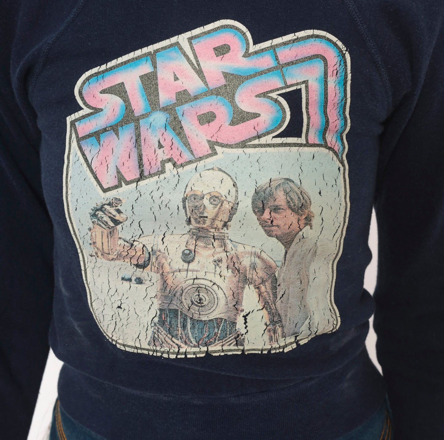80s Star Wars C3PO Luke Skywalker Sweatshirt Navy Blue Raglan Sleeve Cropped Pullover Sci Fi Movie Cotton Vintage Top Extra Extra Small XXS