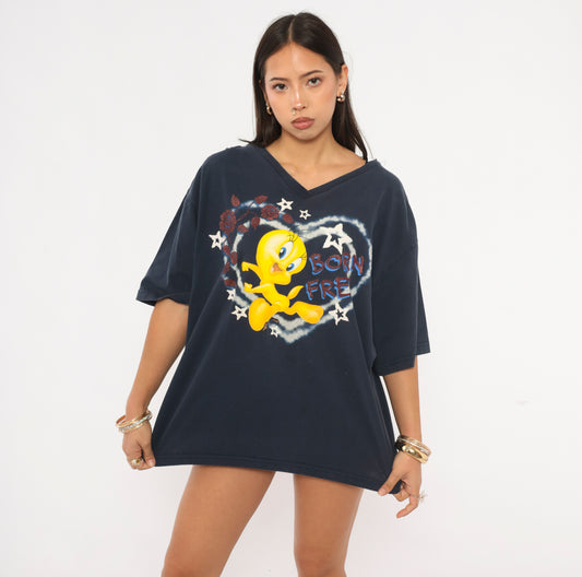 Tweety Bird Tee 90s Looney Tunes Born Free Graphic V Neck Cotton Navy Blue Cartoon Stars Heart Boxy Relaxed Fit Dark Shirt Plus Size 2X XXL